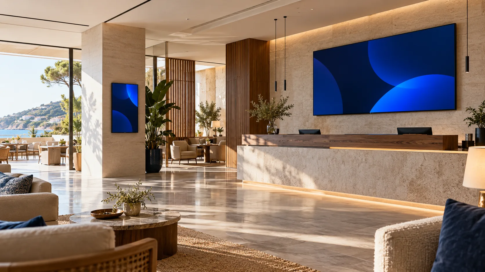 Pantallas digitales integradas en la recepción de un hotel