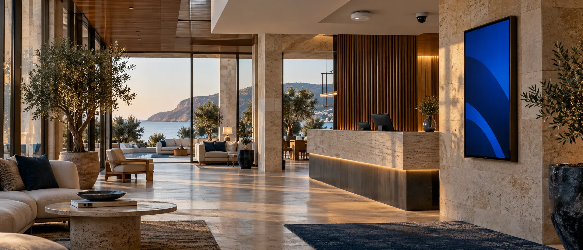 Recepción de un hotel con conectividad, videovigilancia y cartelería digital integradas