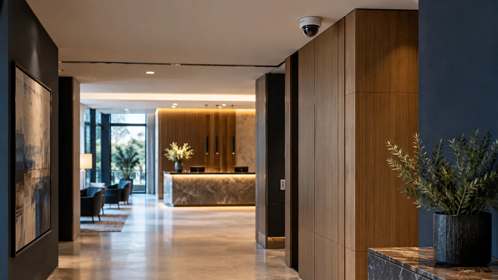 Cámara de videovigilancia instalada discretamente en el acceso de un hotel