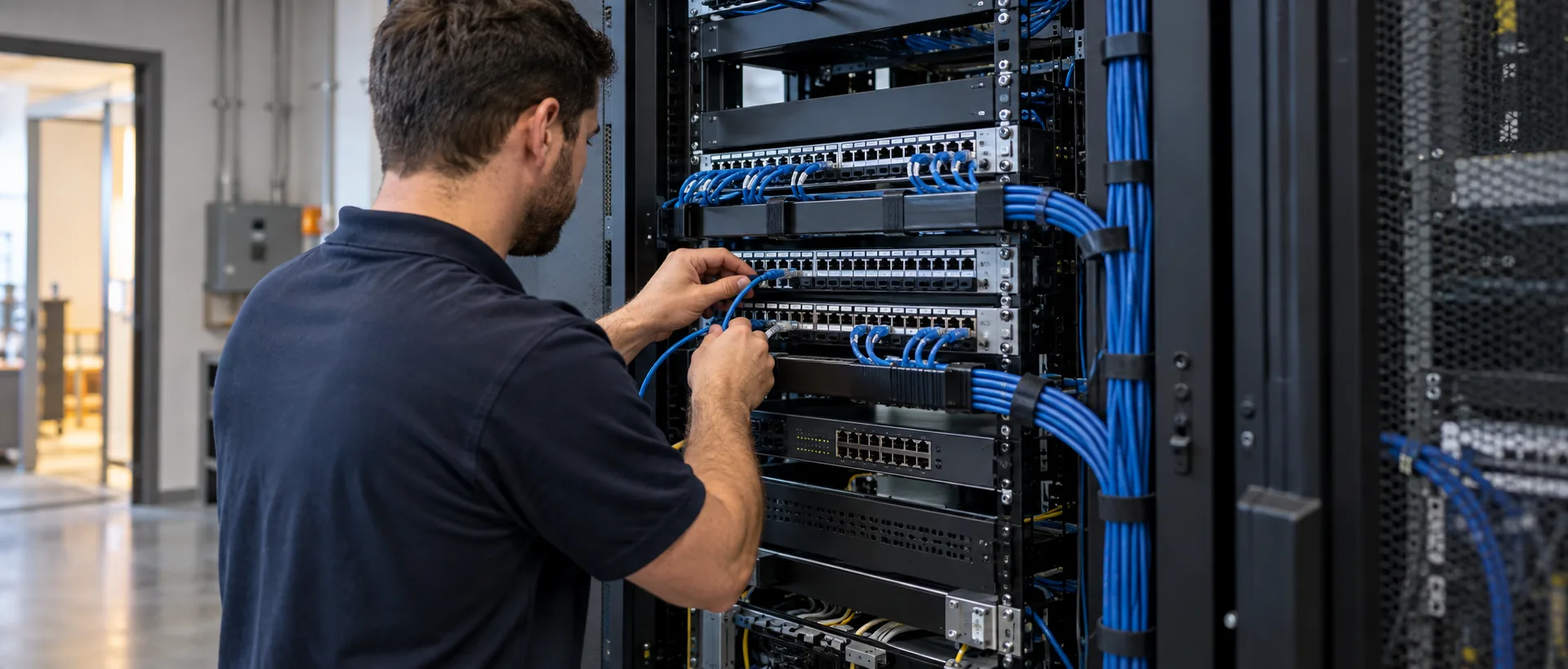 Técnico organizando el cableado de red en un armario de comunicaciones